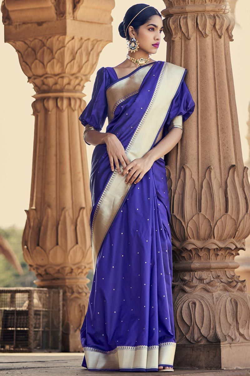 Alluring Purple Color Satin Silk Saree With Weaving Border Work