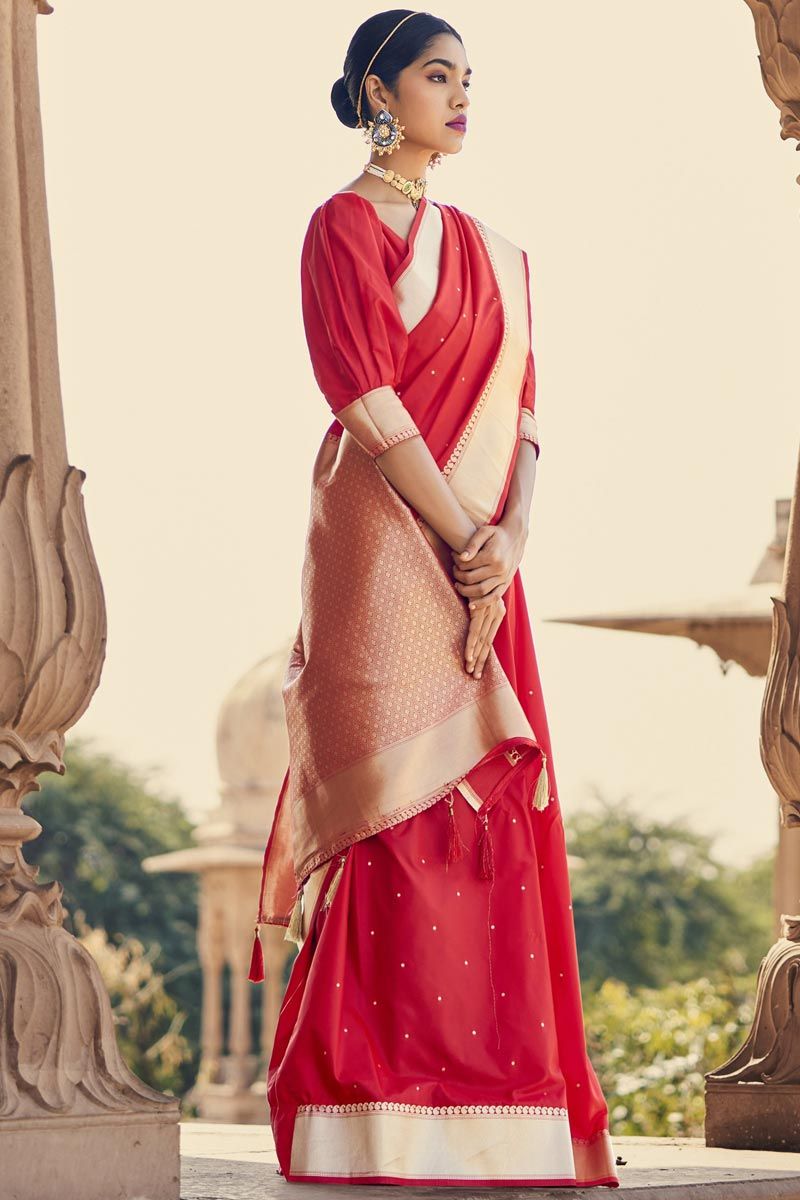 Bewitching Weaving Border Work On Red Color Satin Silk Saree