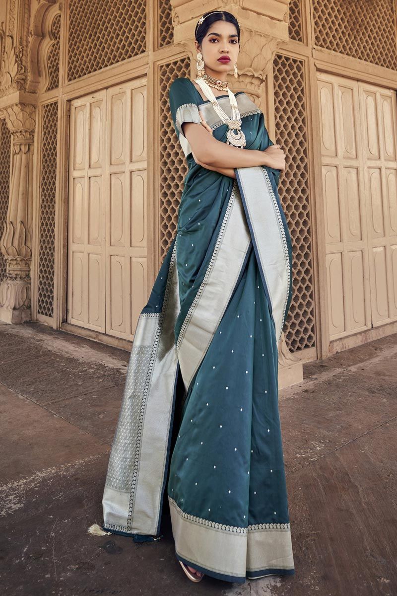 Teal Color Satin Silk Saree With Remarkable Weaving Border Work