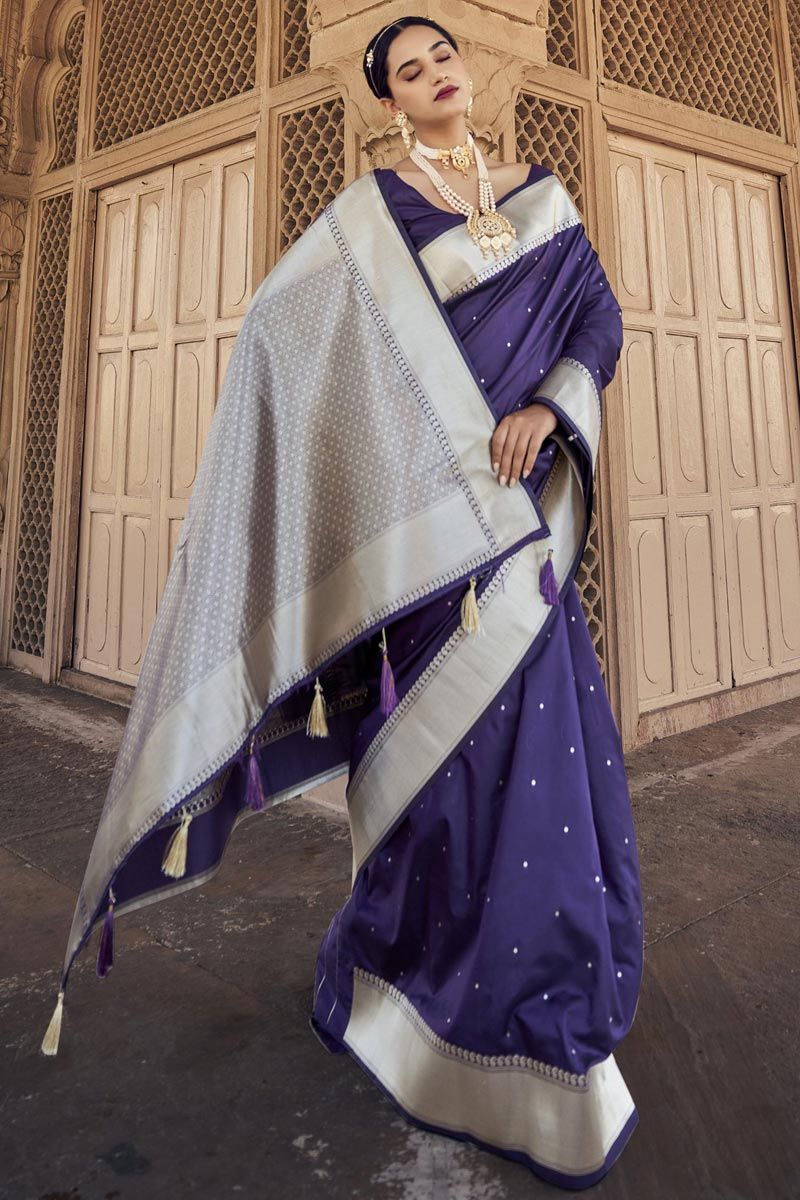 Radiant Weaving Border Work On Purple Color Satin Silk Saree