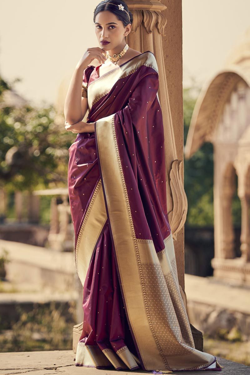 Engaging Maroon Color Satin Silk Saree With Weaving Border Work