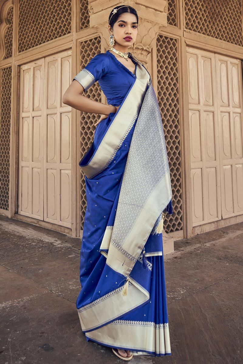 Classic Weaving Border Work On Blue Color Satin Silk Saree