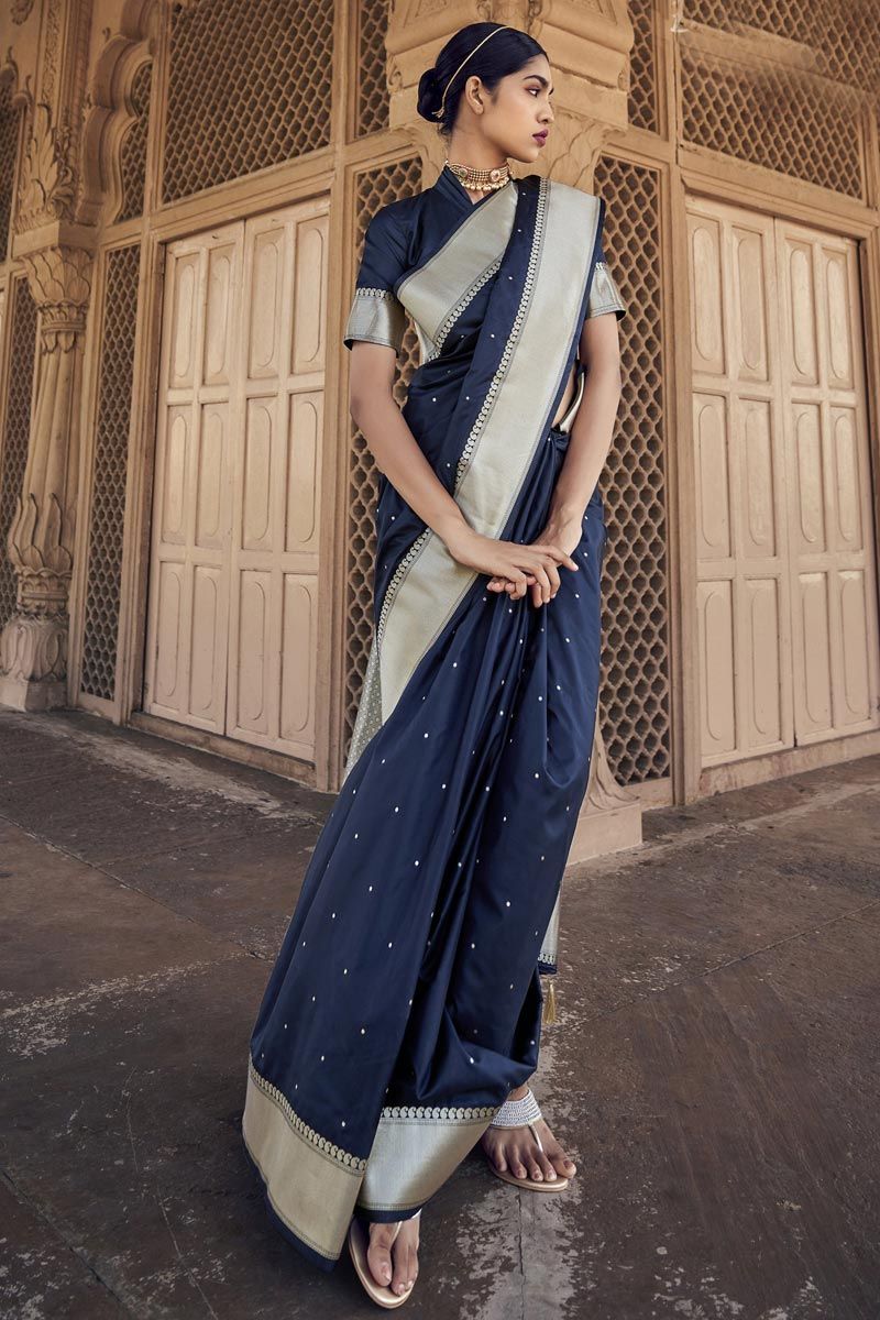 Navy Blue Color Satin Silk Saree With Fascinating Weaving Border Work