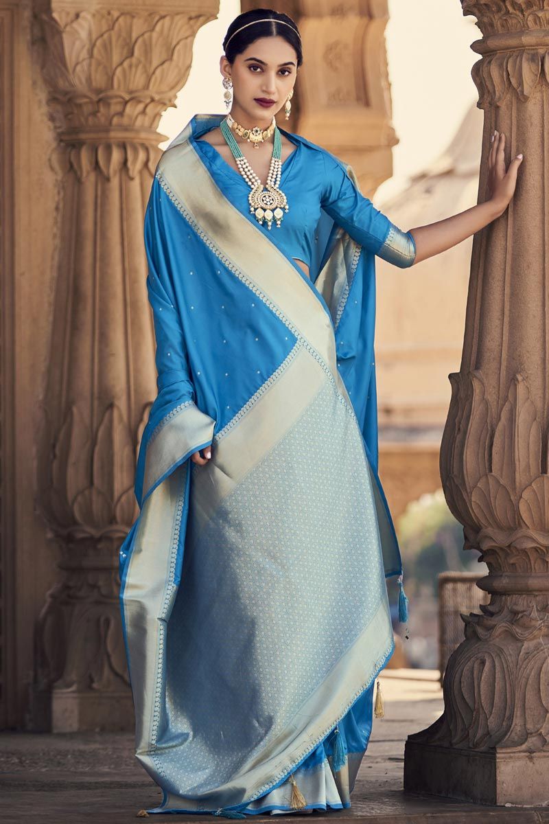 Creative Weaving Border Work On Satin Silk Saree In Cyan Color