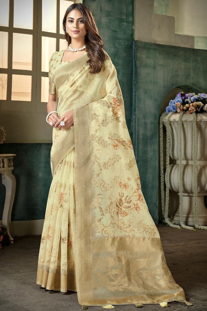 Dazzling Yellow Color Festive Look Organza Fabric Floral Printed Saree