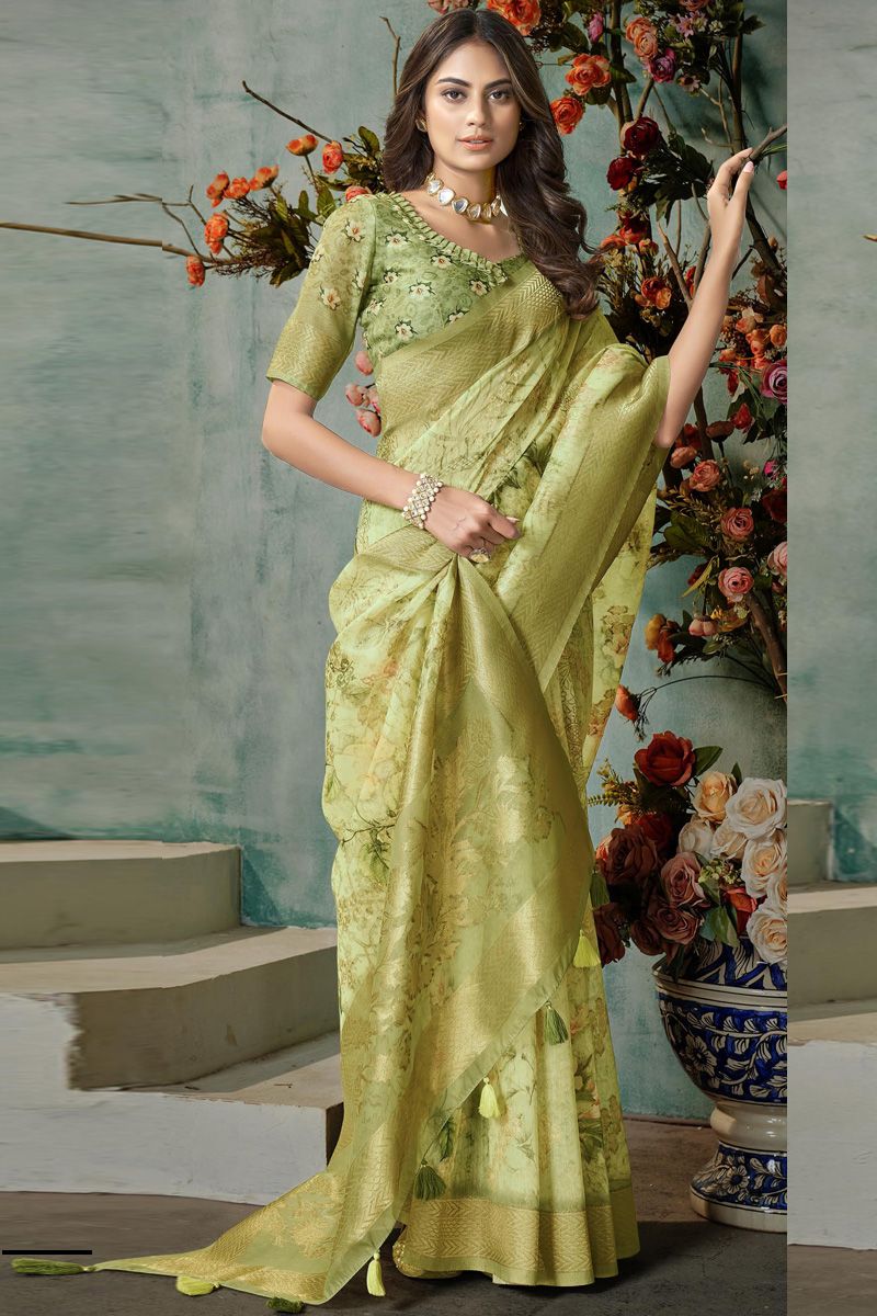 Festive Look Organza Fabric Floral Printed Green Color Special Saree