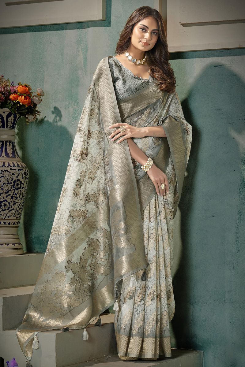 Festive Look Organza Fabric Grey Color Coveted Floral Printed Saree