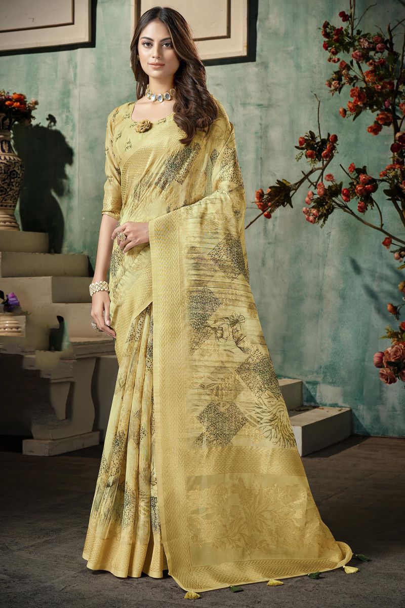 Festive Look Organza Fabric Yellow Color Riveting Floral Printed Saree