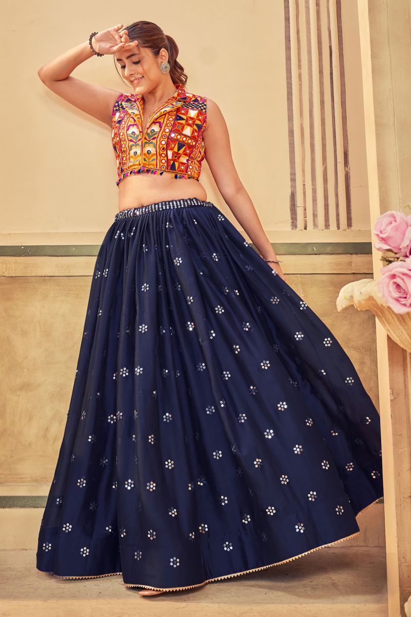 Blue Color Art Silk Fabric Embroidered Lehenga Choli For Festival