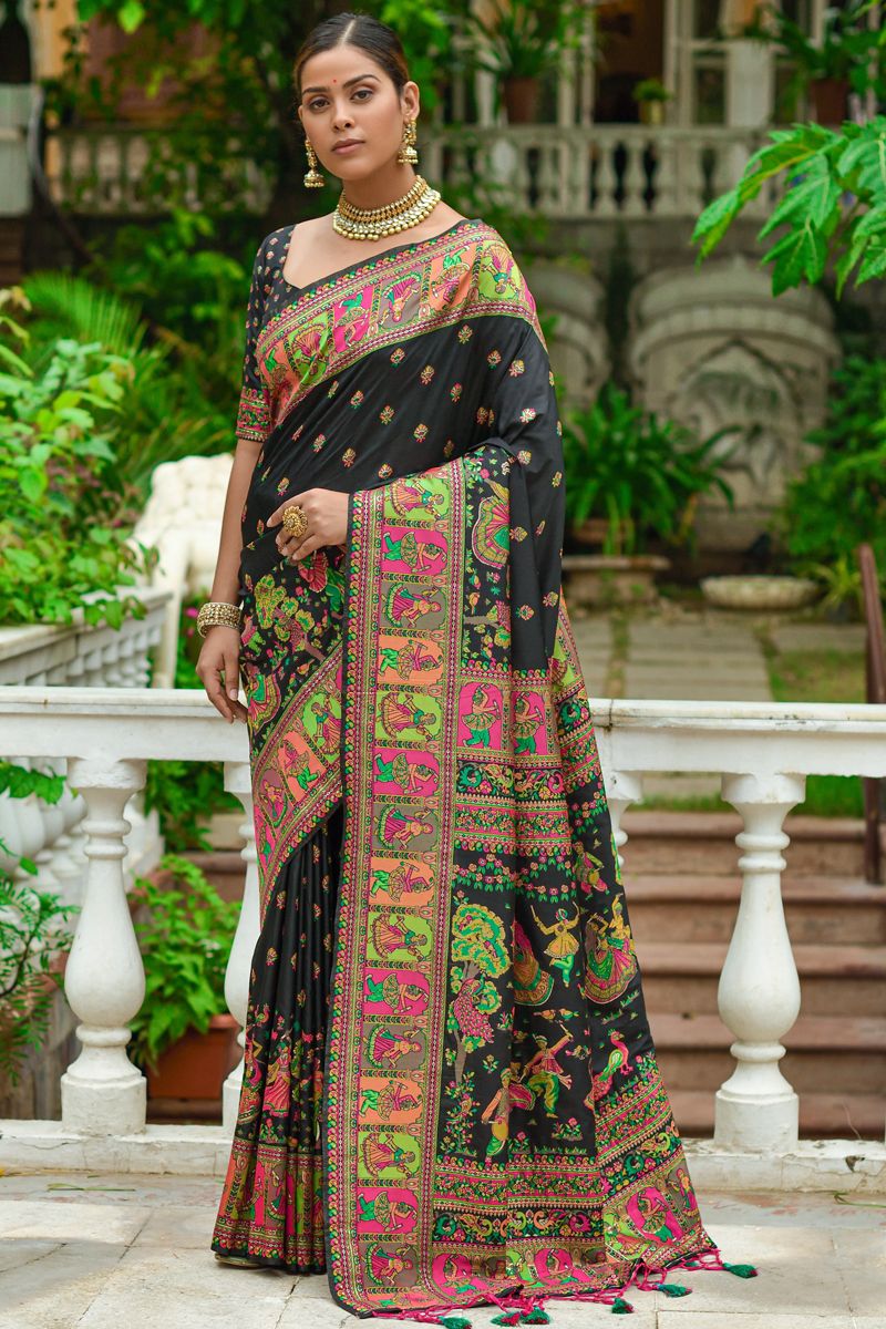 Art Silk Black Soothing Weaving Work Saree