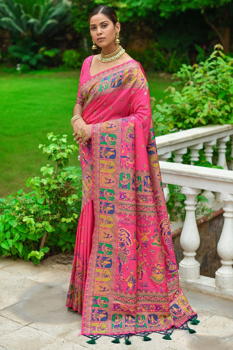 Stunning Weaving Work Art Silk Saree In Pink Color