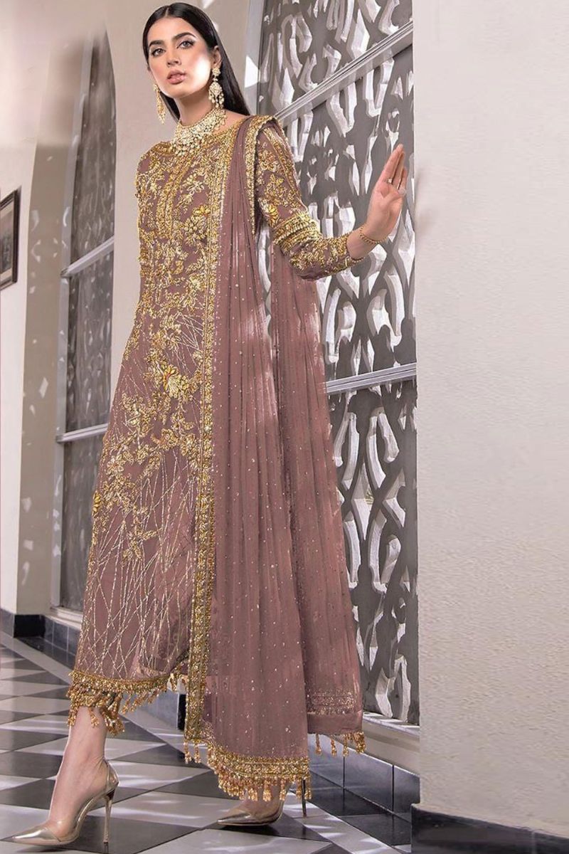 Net Party Wear Luxurious Pakistani Replica Suit In Chikoo Color