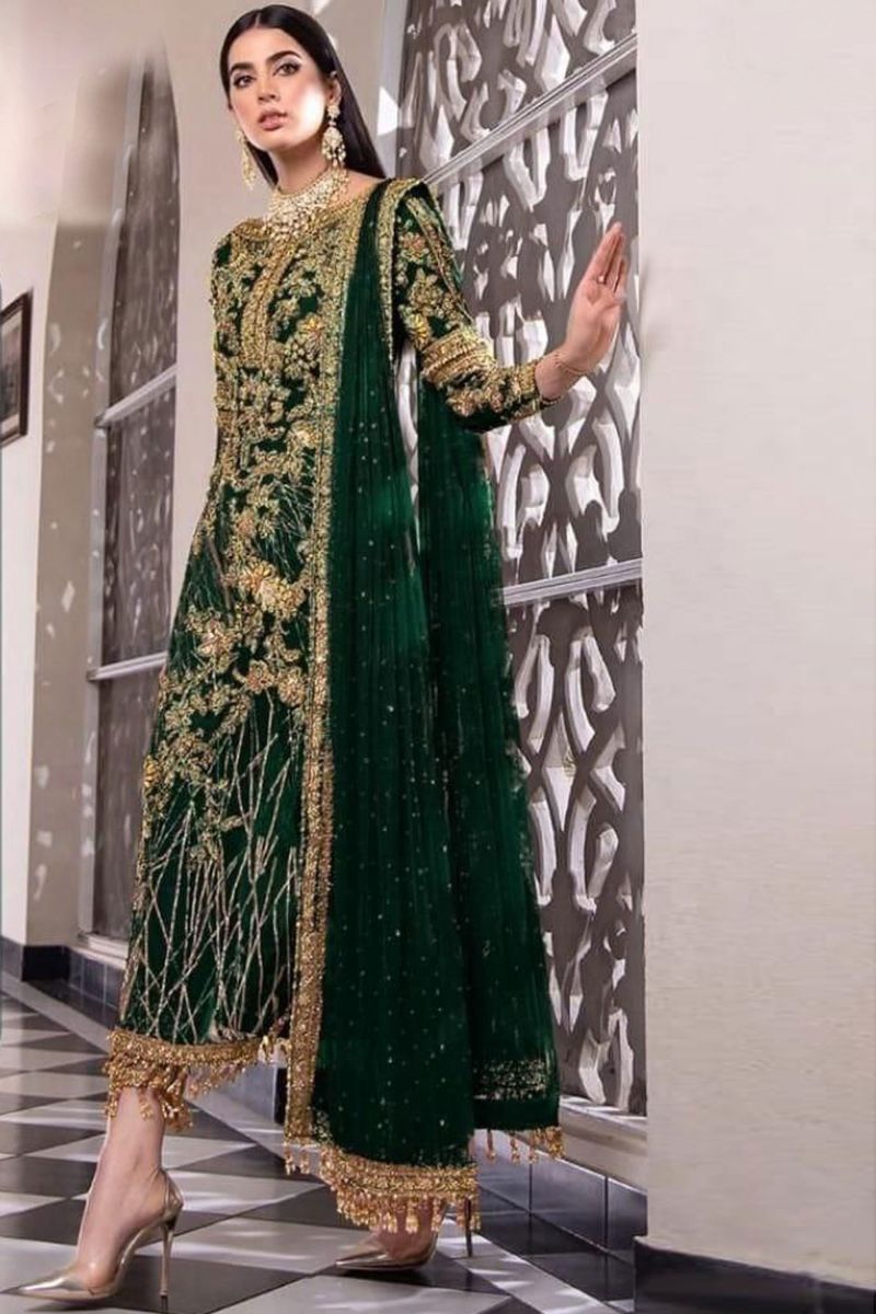 Green Color Net Party Wear Luminous Pakistani Replica Suit