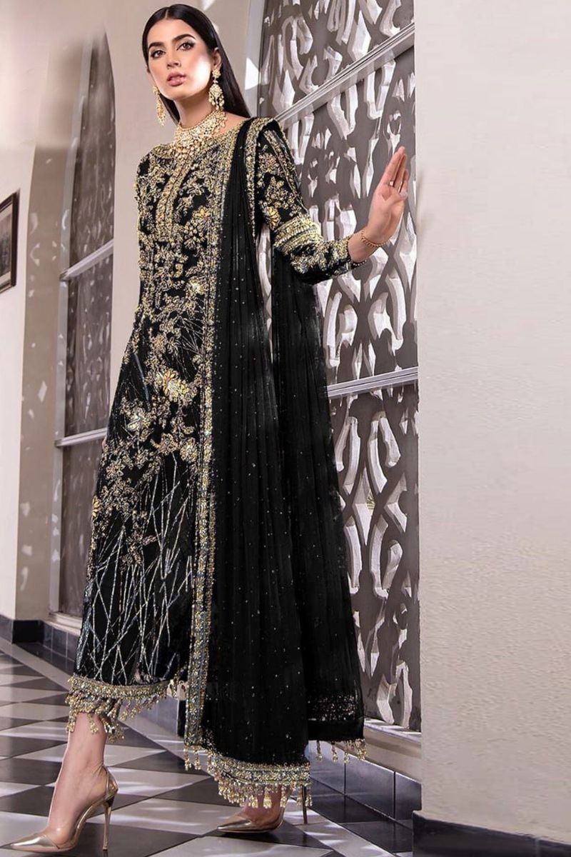 Net Party Wear Vivacious Pakistani Replica Suit In Black Color