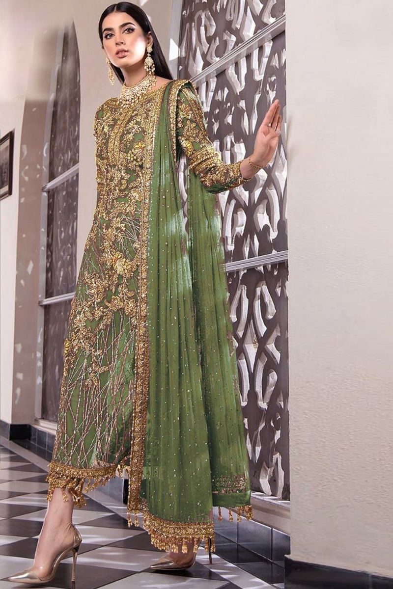 Net Party Wear Mesmeric Pakistani Replica Suit In Sea Green Color