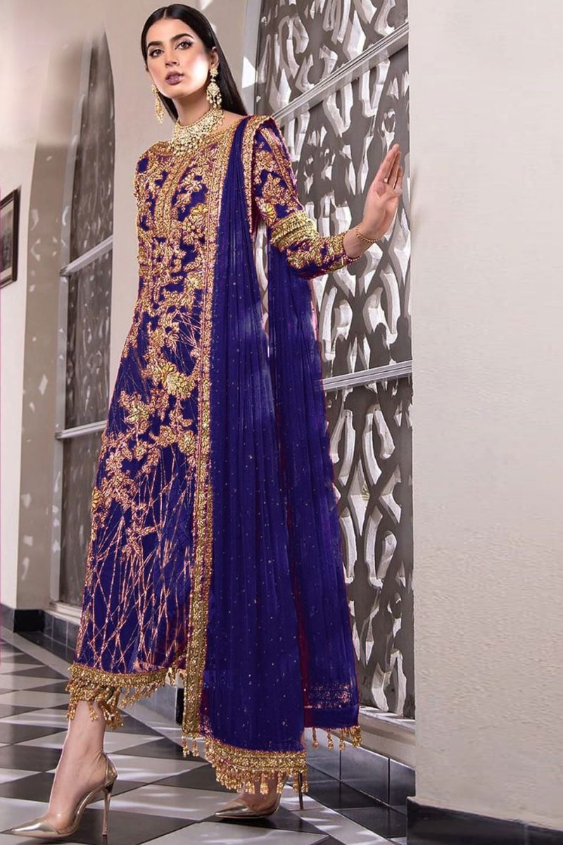 Net Party Wear Wondrous Pakistani Replica Suit In Blue Color