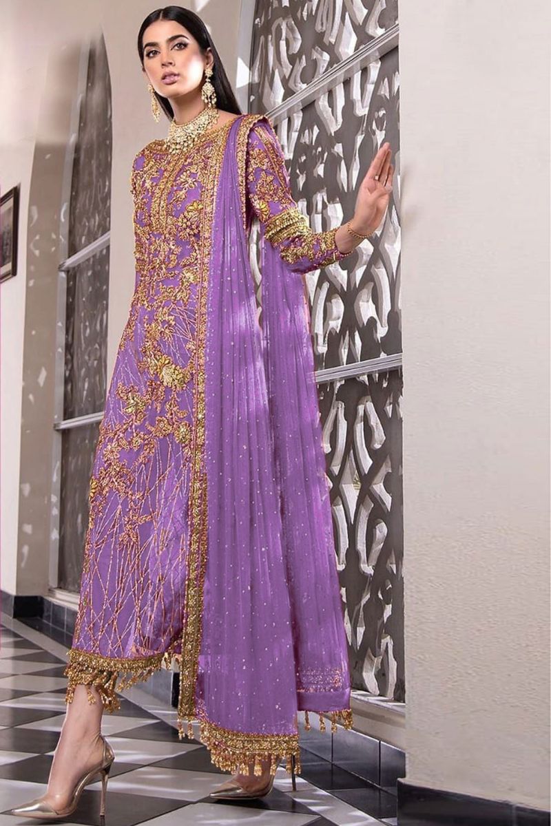 Net Party Wear Vintage Pakistani Replica Suit In Lavender Color