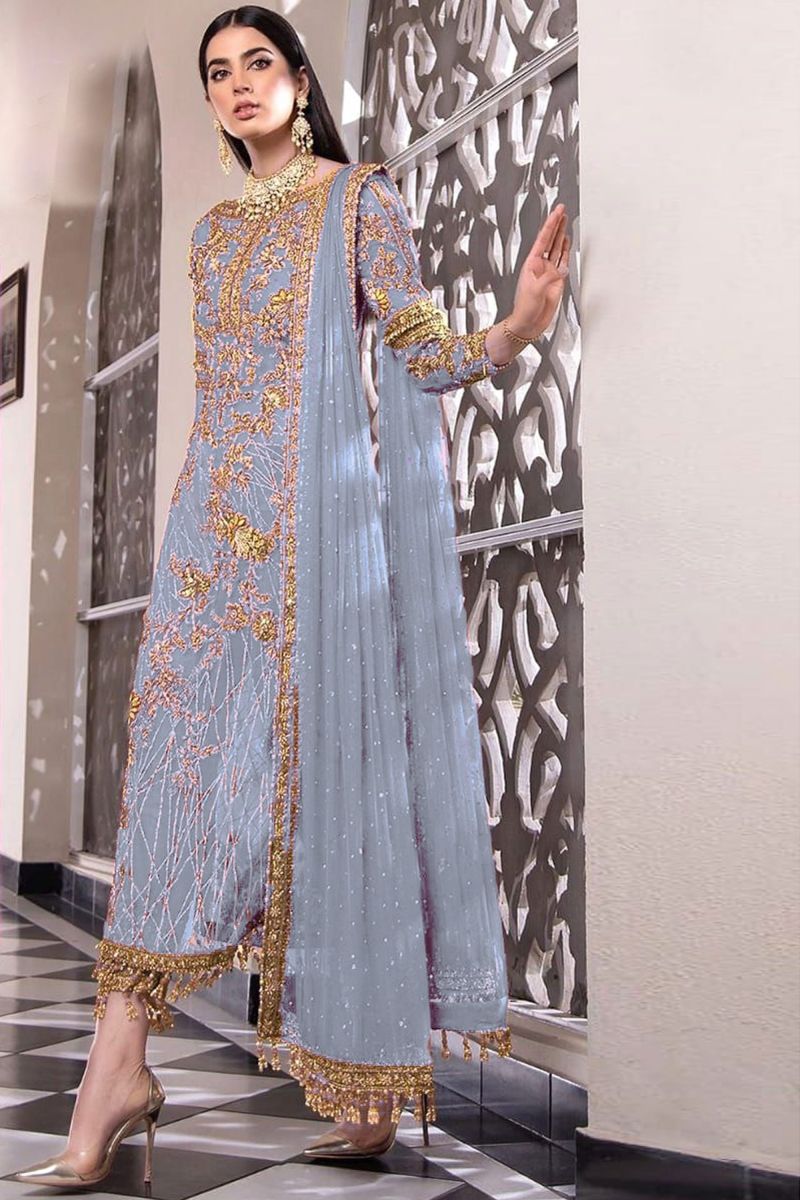 Grey Color Party Wear Net Incredible Pakistani Replica Suit