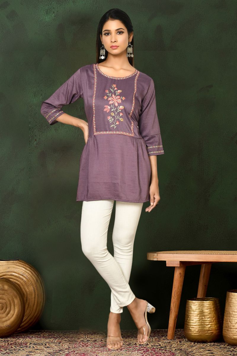 Viscose Blend Purple Color Daily Wear Readymade Embroidered Short Top