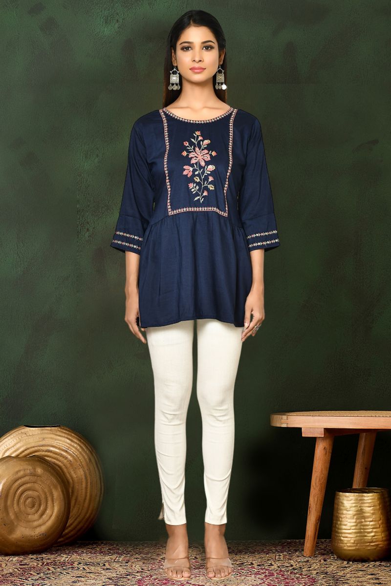 Navy Blue Viscose Blend Readymade Embroidered Short Simple Top