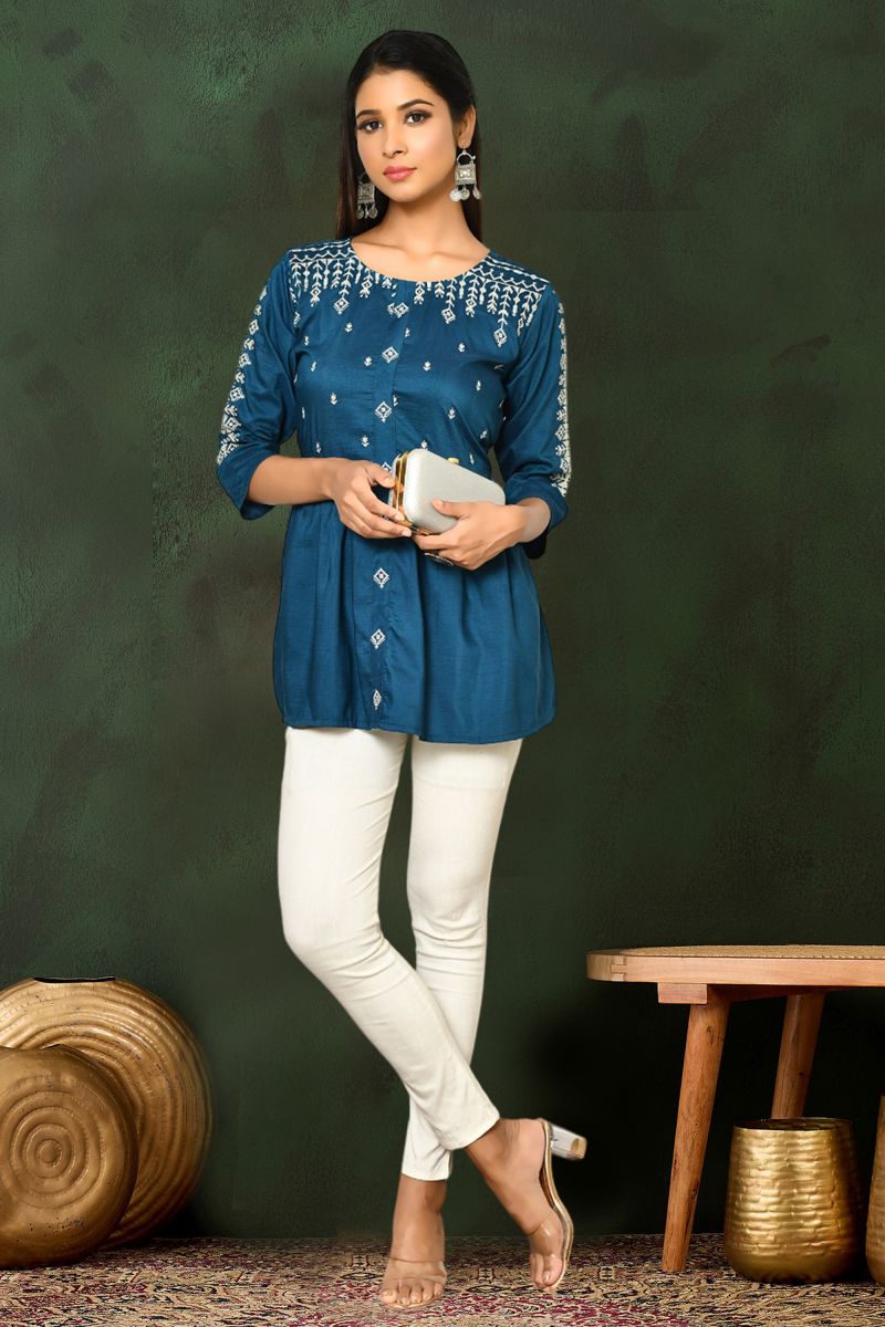 Teal Viscose Blend Casual Readymade Embroidered Short Top