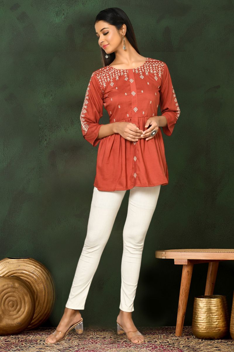 Viscose Blend Rust Color Daily Wear Readymade Embroidered Short Top