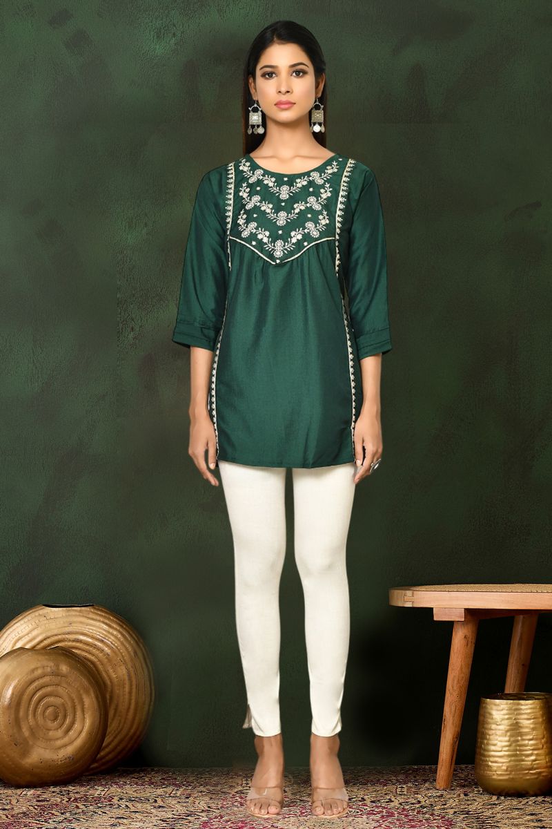 Dark Green Viscose Blend Readymade Embroidered Short Simple Top