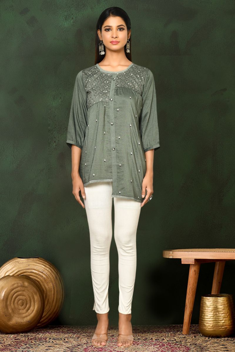 Viscose Blend Olive Color Readymade Embroidered Short Top