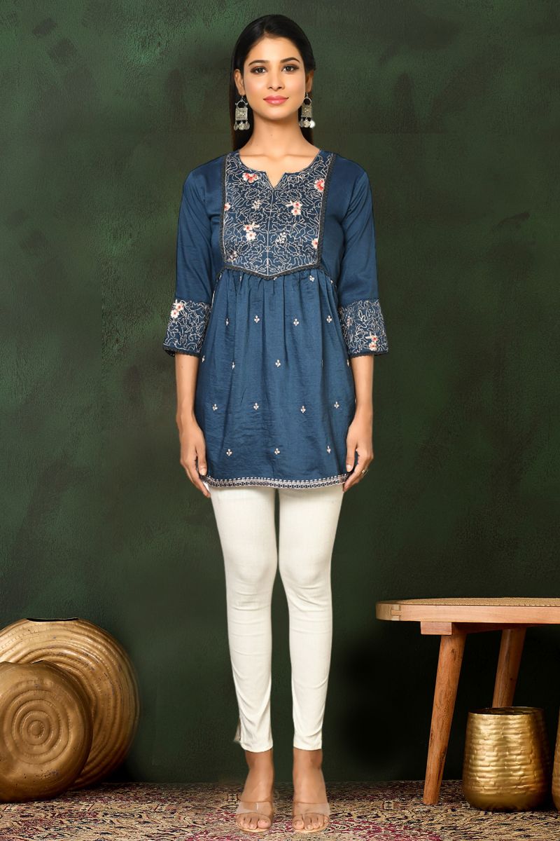 Blue Color Viscose Blend Casual Readymade Embroidered Short Top