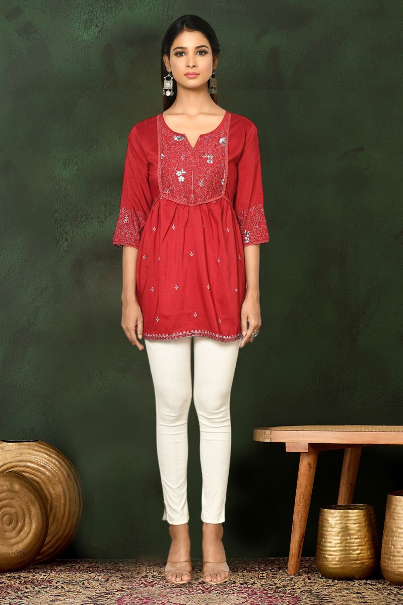 Viscose Blend Maroon Color Daily Wear Readymade Embroidered Short Top