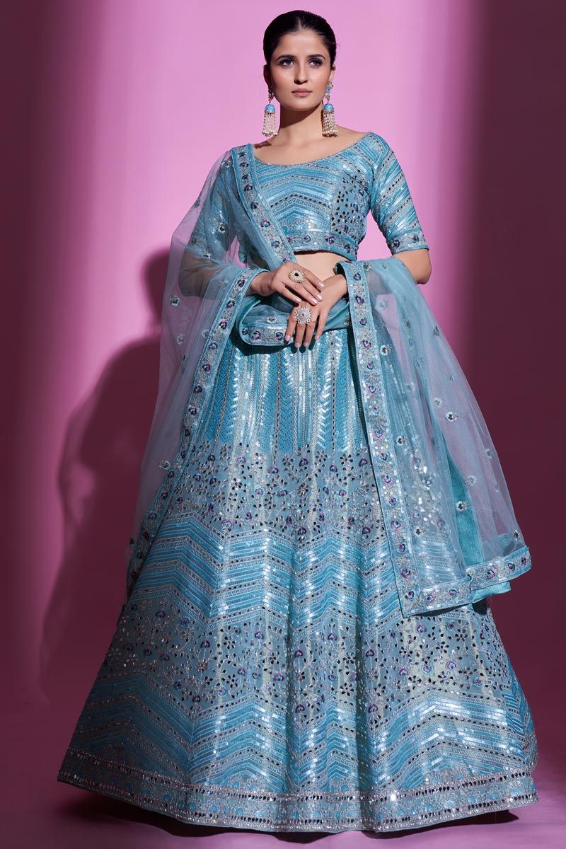 Engaging Cyan Color Art Silk Fabric Lehenga