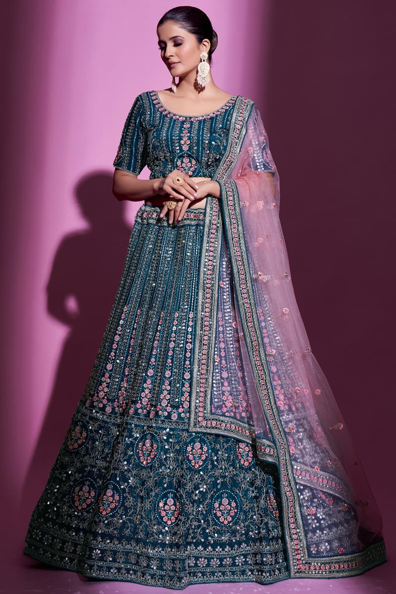 Striking Teal Color Crepe Fabric Lehenga