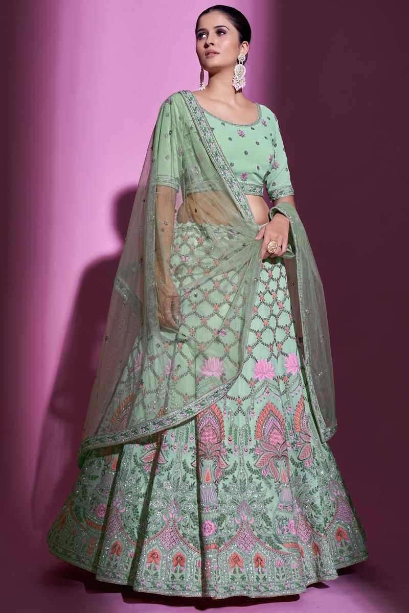 Dusky Sea Green Color Georgette Fabric Lehenga