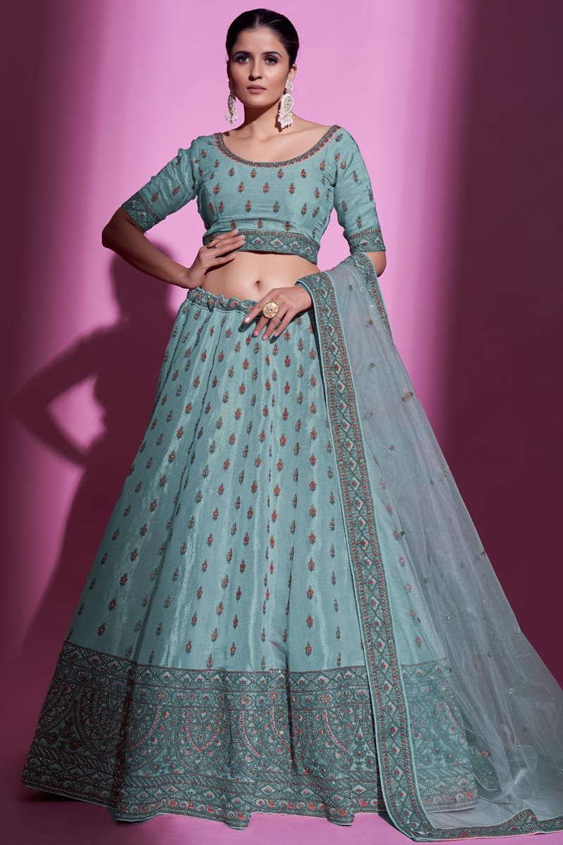 Attractive Light Cyan Color Lehenga In Art Silk Fabric