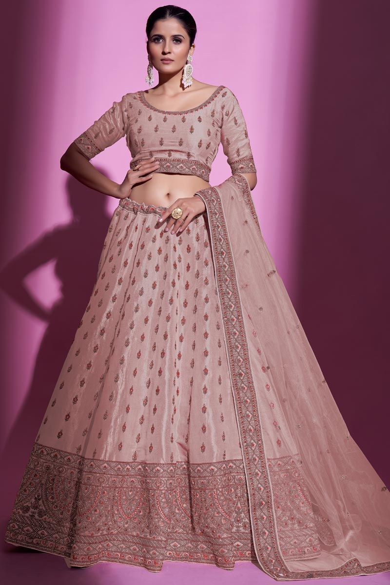 Enriching Peach Color Art Silk Fabric Lehenga