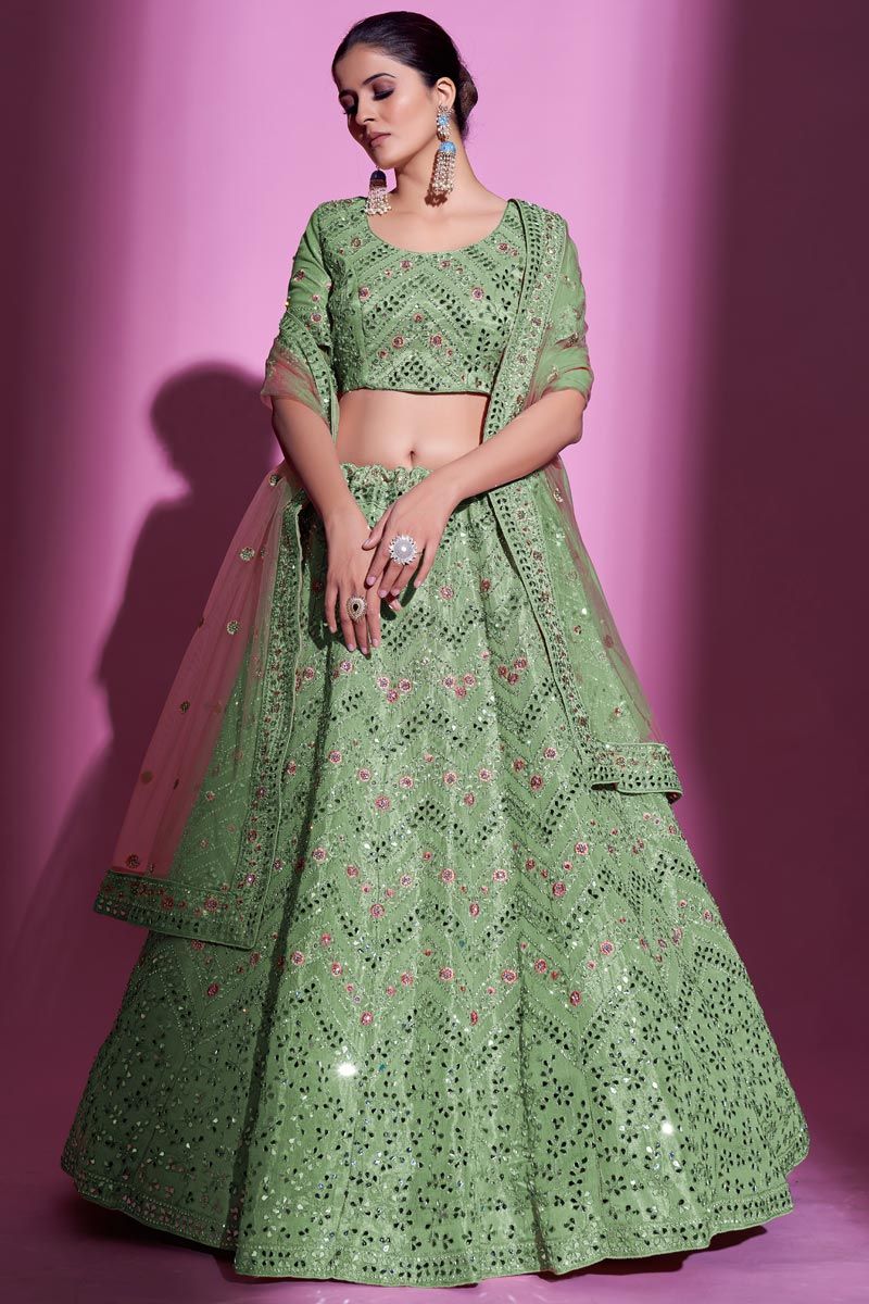 Mesmeric Sea Green Color Art Silk Fabric Lehenga