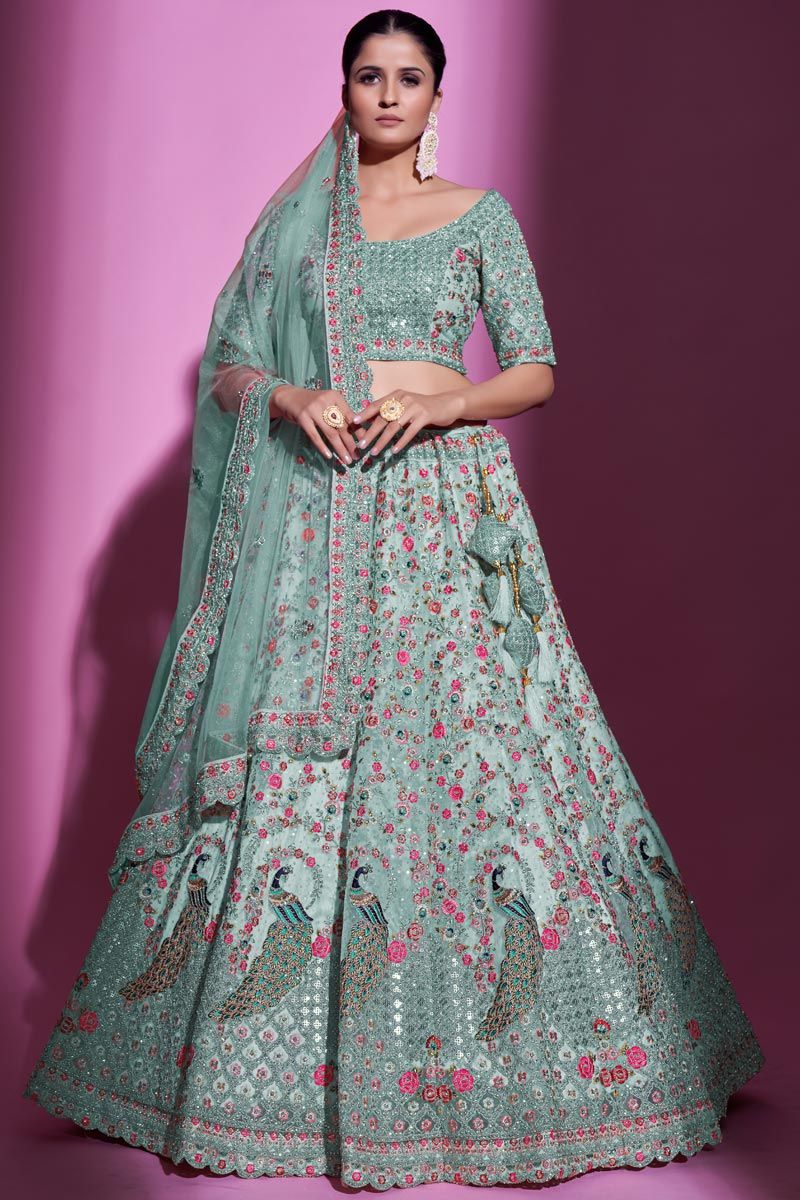 Intriguing Light Cyan Color Lehenga In Net Fabric