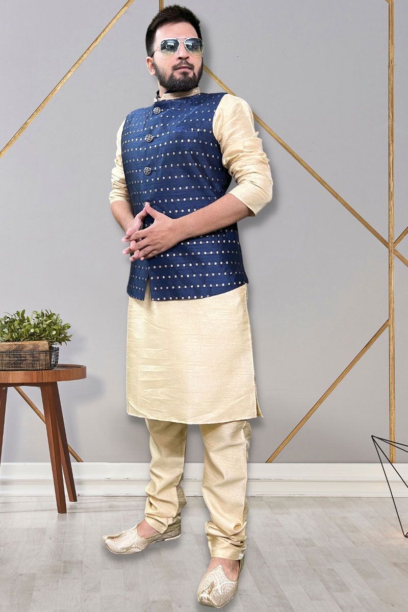 Art Silk Fabric Readymade Men Kurta Pyjama With Blue Color Stylish Jacket 