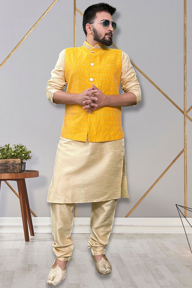 Art Silk Fabric Trendy Readymade Men Kurta Pyjama With Yellow Color Jacket