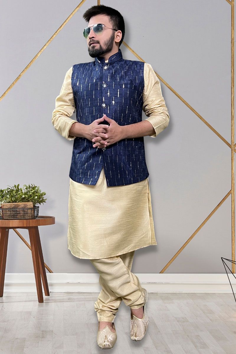 Fancy Readymade Designer Men Kurta Pyjama With Blue Color Jacket