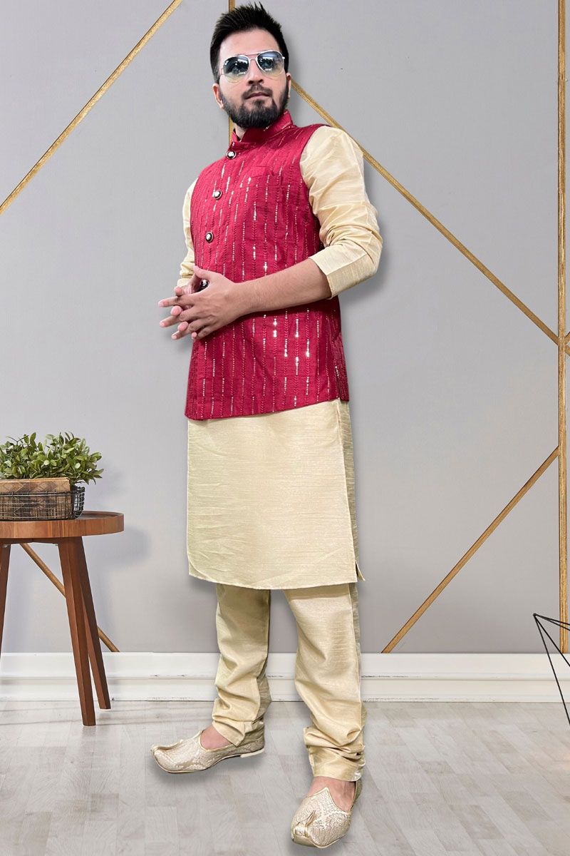 Gorgeous Art Silk Fabric Readymade Men Kurta Pyjama With Rani Color Jacket