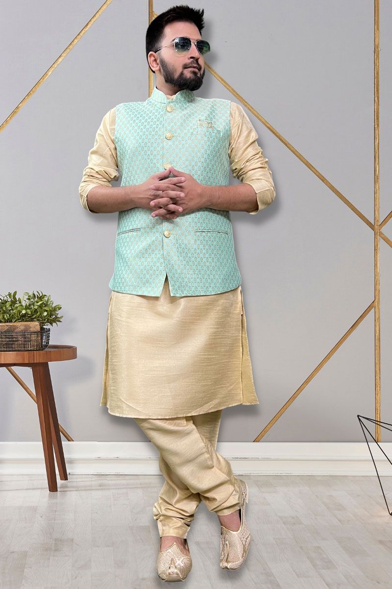 Readymade Lovely Men Kurta Pyjama With Sea Green Color Jacket