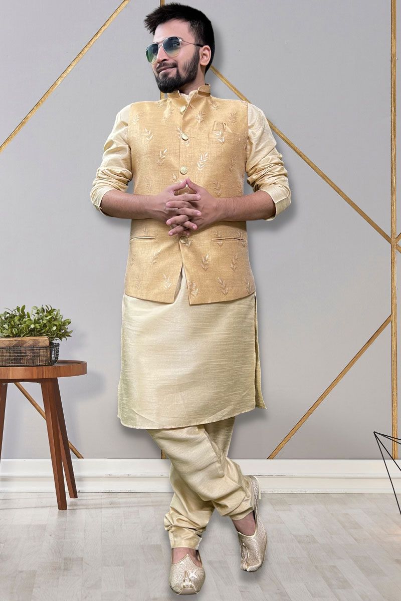 Art Silk Fabric Readymade Men Kurta Pyjama With Cream Color Jacket