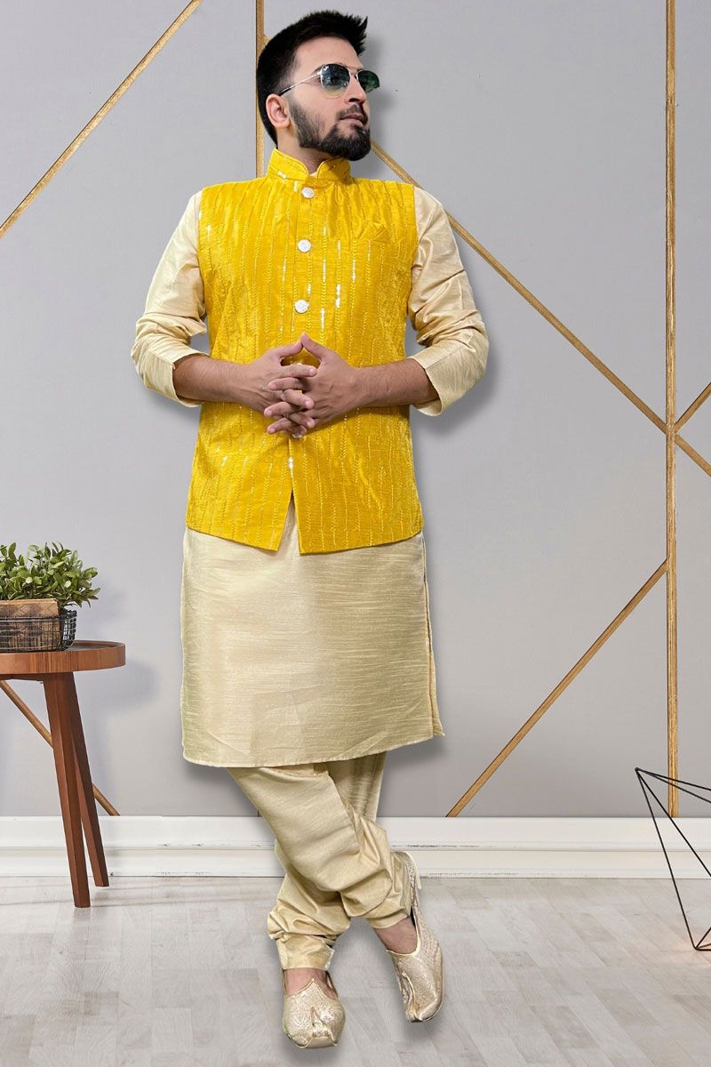 Art Silk Fabric Readymade Men Kurta Pyjama With Yellow Color Jacket