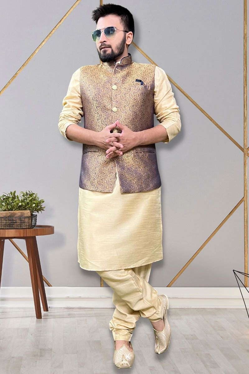 Readymade Men Kurta Pyjama With Navy Blue Color Jacket In Art Silk Fabric 