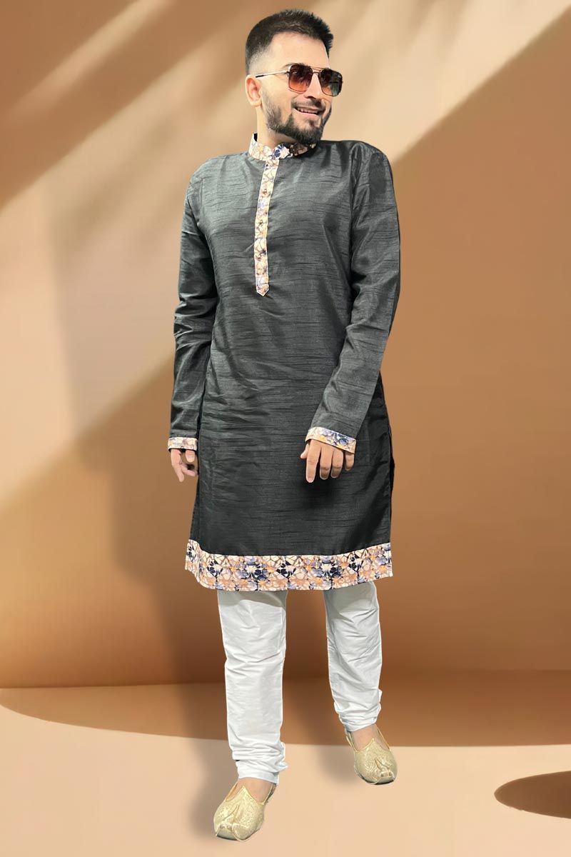 Black Silk Fabric Sangeet Wear Trendy Readymade Kurta Pyjama For Men