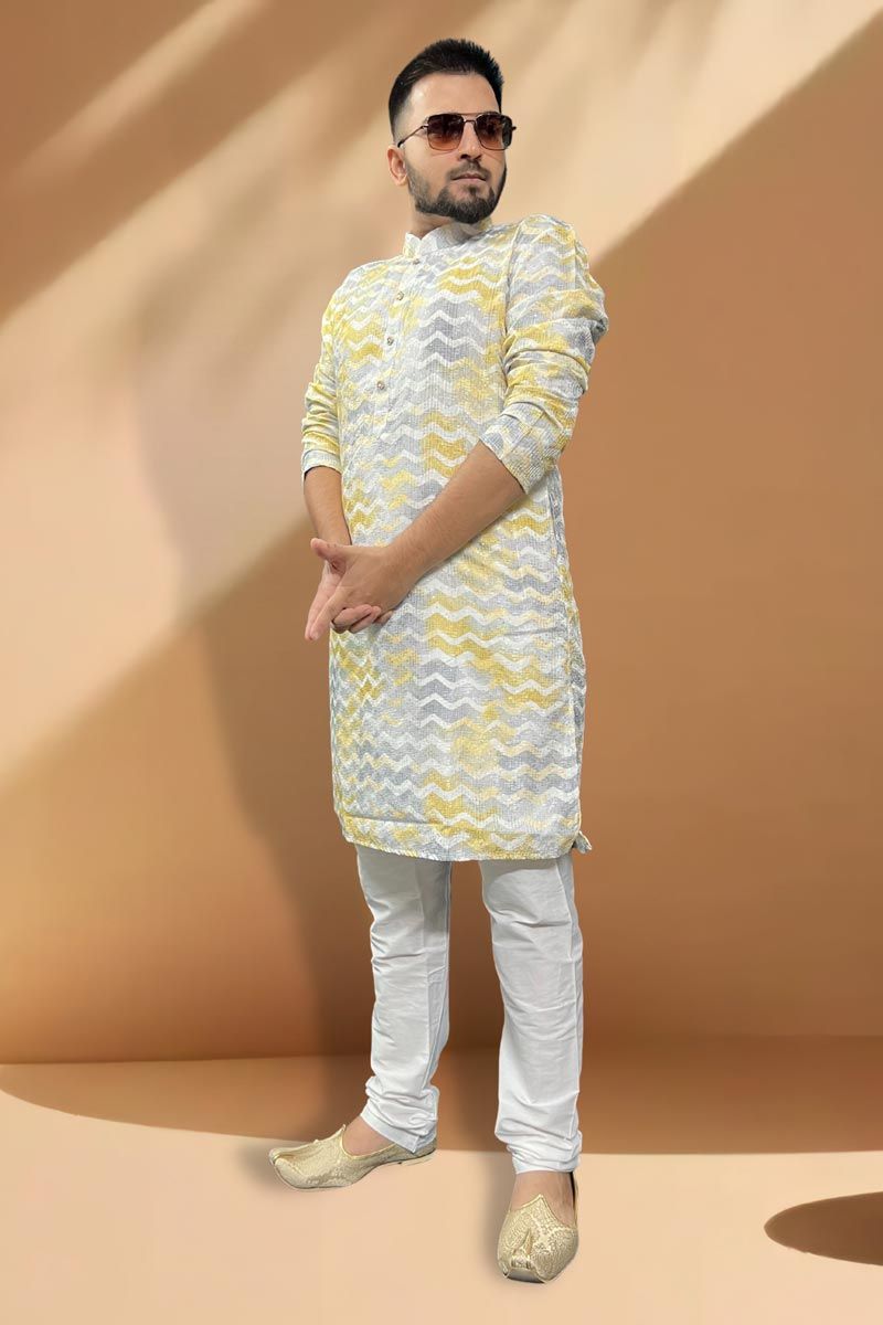 Grey And Yellow Color Cotton Fabric Function Wear Fancy Readymade Kurta Pyjama For Men