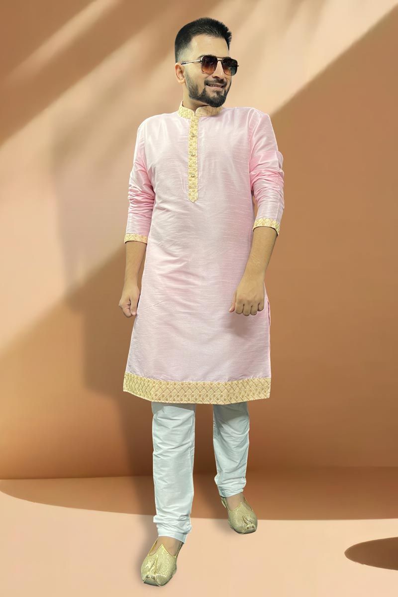 Pink Color Silk Fabric Readymade Kurta Pyjama For Men