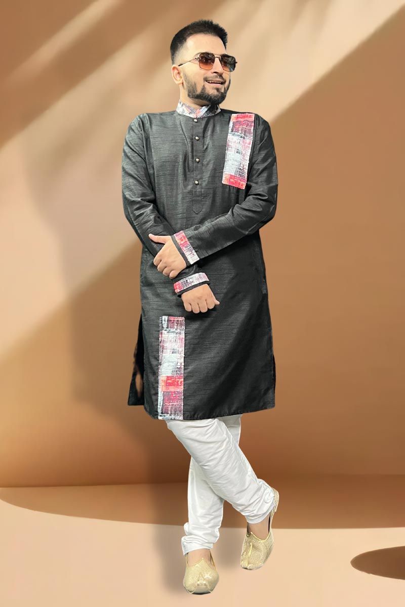 Black Color Engaging Silk Fabric Festive Wear Kurta Pyjama For Men