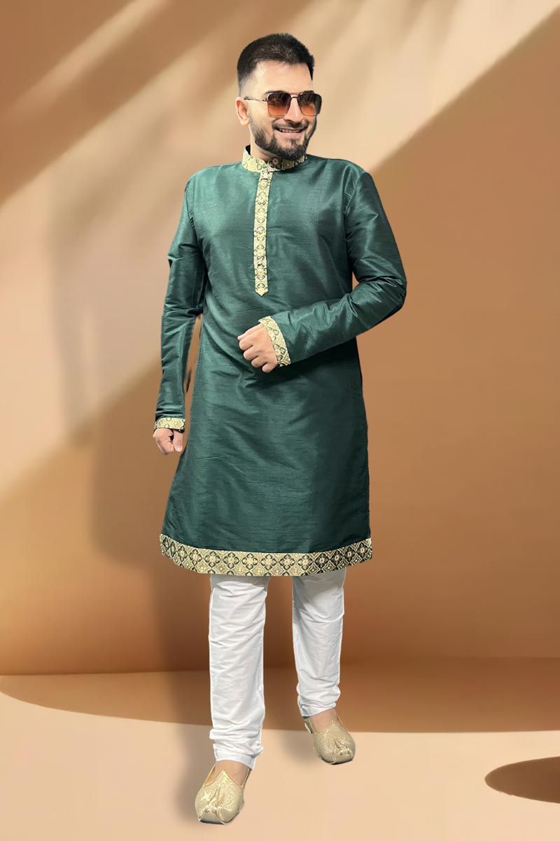 Teal Color Gorgeous Silk Wedding Wear Kurta Pyjama For Men